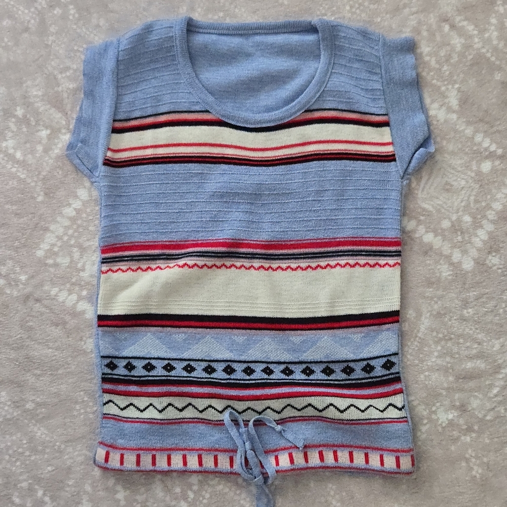 Baby Blue Cute Knit Top Short Sleeves Small